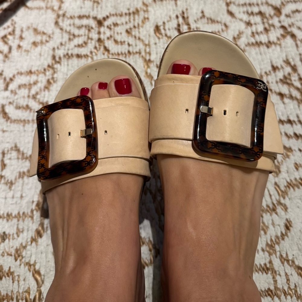 Sam Edelman Tan Slide Sandals with Tortoise Buckle
